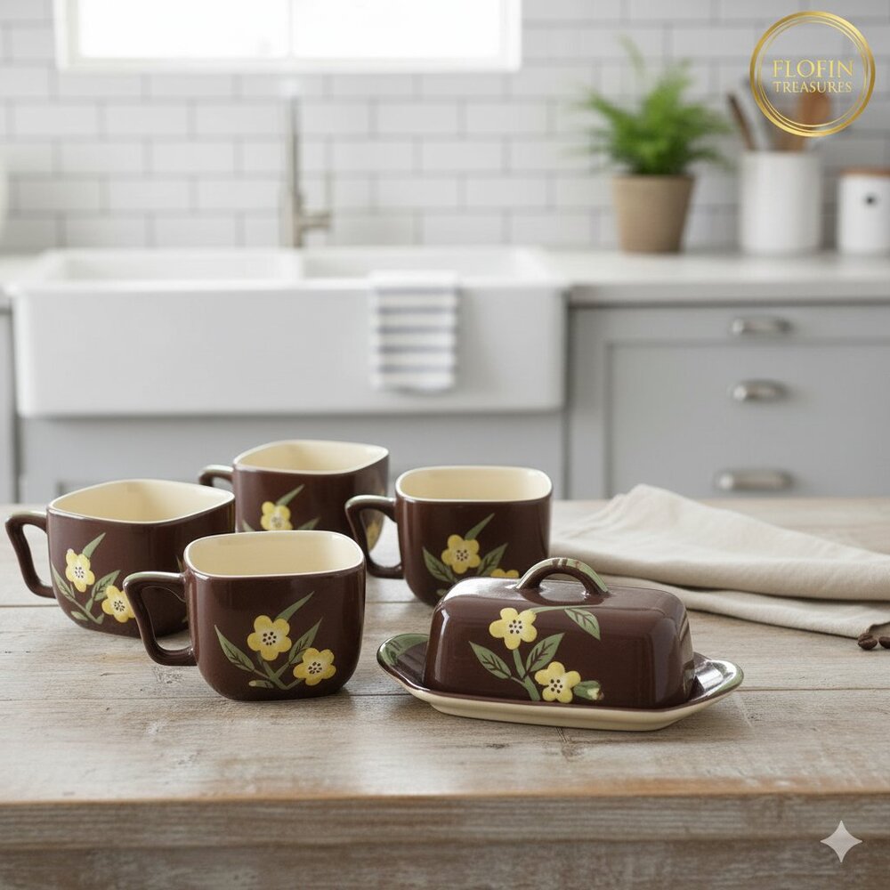 VINTAGE HAND-PAINTED TEAPOTS & BUTTER DISH SET (5 PCS) | Floral - Picture 1 of 9